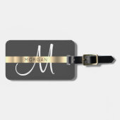 Naam en groot monogram, wit zwart, donkergrijs bagagelabel (Voorkant horizontaal)