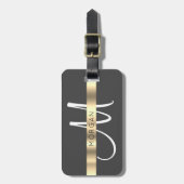 Naam en groot monogram, wit zwart, donkergrijs bagagelabel (Voorkant verticaal)