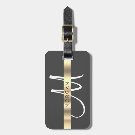 Naam en groot monogram, wit zwart, donkergrijs bagagelabel (Voorkant verticaal)