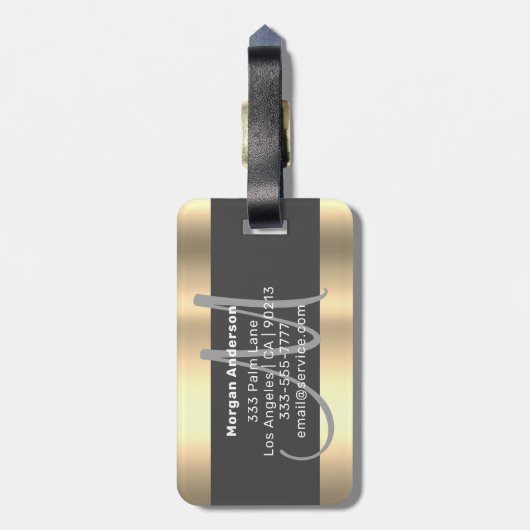 Naam en groot monogram, wit zwart, donkergrijs bagagelabel (Achterkant verticaal)