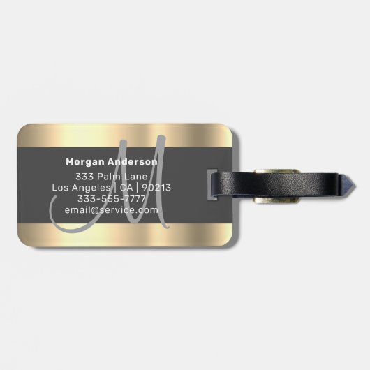 Naam en groot monogram, wit zwart, donkergrijs bagagelabel (Achterkant horizontaal)