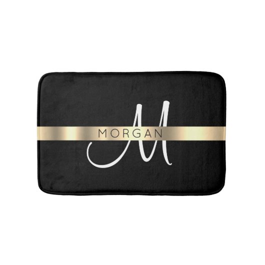 Naam en groot monogram, wit zwart goud badmat (Voorkant)