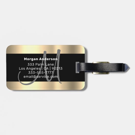 Naam en groot monogram, wit zwart goud bagagelabel (Achterkant horizontaal)