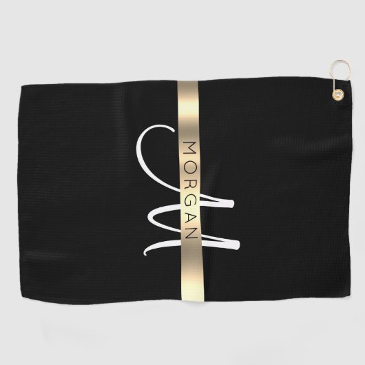 Naam en groot monogram, wit zwart goud golfhanddoek (Horizontaal)