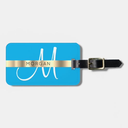 Naam en groot monogram, witte hemel en donkerblauw bagagelabel (Voorkant horizontaal)