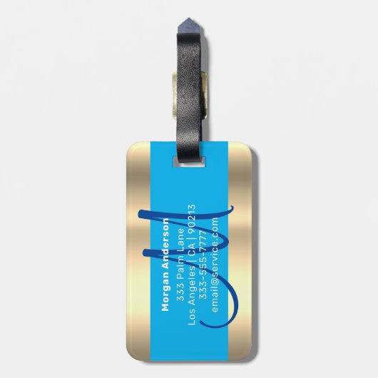 Naam en groot monogram, witte hemel en donkerblauw bagagelabel (Achterkant verticaal)