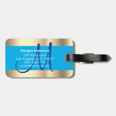 Naam en groot monogram, witte hemel en donkerblauw bagagelabel (Achterkant horizontaal)