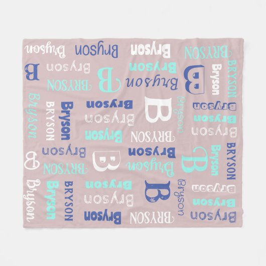 Naam en Initiaal grijze blauwe marine herhalen Fleece Deken (Voorkant (Horizontaal))