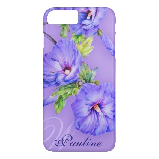 Naam en initiaal hibiscus blue paarse iphone case (Achterkant)