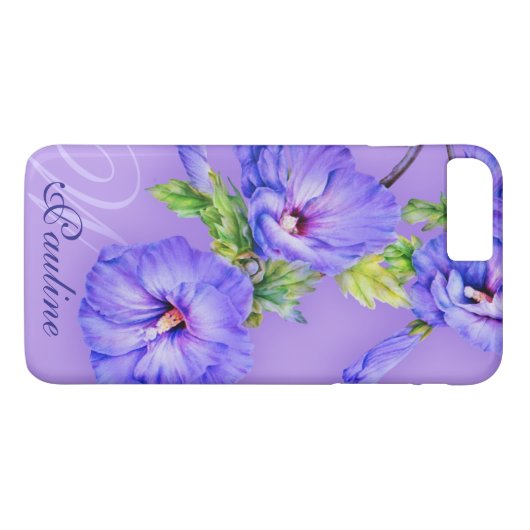 Naam en initiaal hibiscus blue paarse iphone case (Achterkant (Horizontaal))