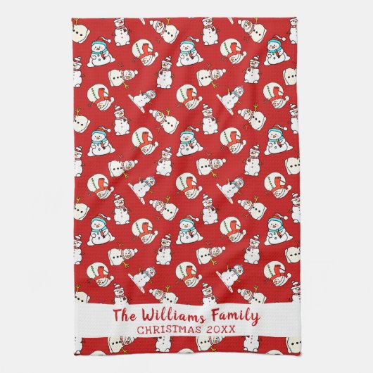 Naam en jaar van de kerstfamilie | Sneeuwman Rood  Theedoek (Verticaal)