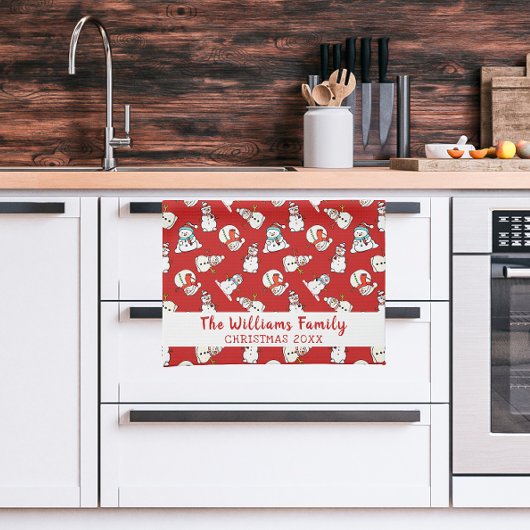 Naam en jaar van de kerstfamilie | Sneeuwman Rood  Theedoek