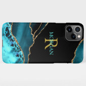 Naam en monogram, Blauwgroen zwart agaat, gouden B iPhone Hoesje (Achterkant horizontaal)