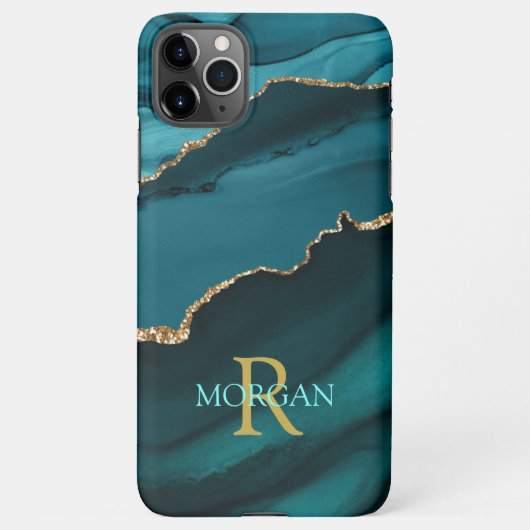 Naam en monogram, Blauwgroen zwart agaat, gouden B iPhone Hoesje (Achterkant)