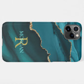 Naam en monogram, Blauwgroen zwart agaat, gouden B iPhone Hoesje (Achterkant horizontaal)