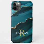 Naam en monogram, Blauwgroen zwart agaat, gouden w iPhone Hoesje (Achterkant)