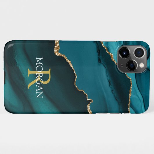 Naam en monogram, Blauwgroen zwart agaat, gouden w iPhone Hoesje (Achterkant horizontaal)