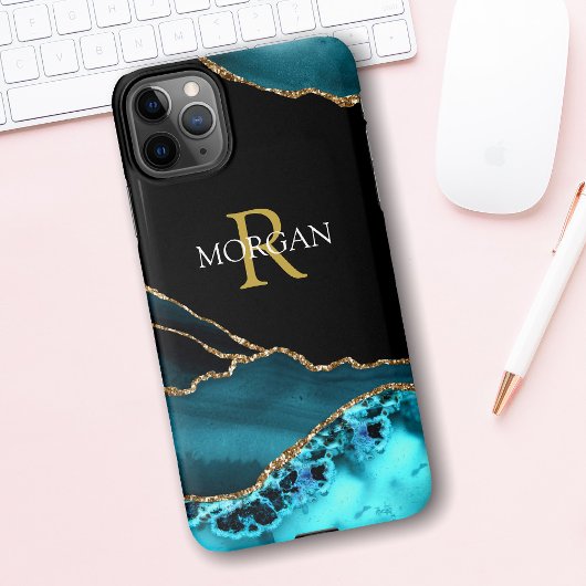 Naam en monogram, Blauwgroen zwart agaat, gouden w iPhone Hoesje