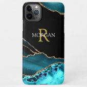 Naam en monogram, Blauwgroen zwart agaat, gouden w iPhone Hoesje (Achterkant)