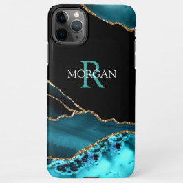 Naam en monogram, Blauwgroen zwart agaat, witte Bl iPhone 11Pro Max Hoesje