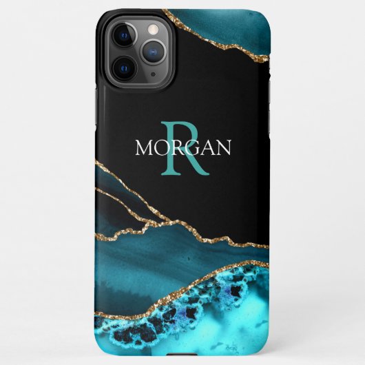 Naam en monogram, Blauwgroen zwart agaat, witte Bl iPhone Hoesje (Achterkant)