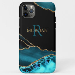 Naam en monogram Blauwgroen zwart agate, Gold DkTe Case-Mate iPhone Case