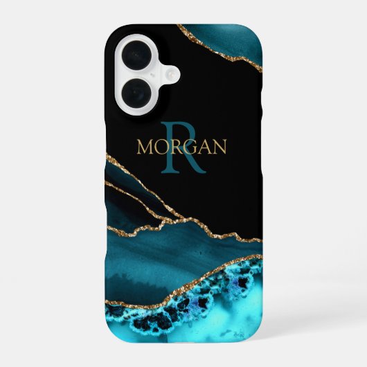 Naam en monogram Blauwgroen zwart agate, Gold DkTe iPhone 16 Hoesje (Achterkant)