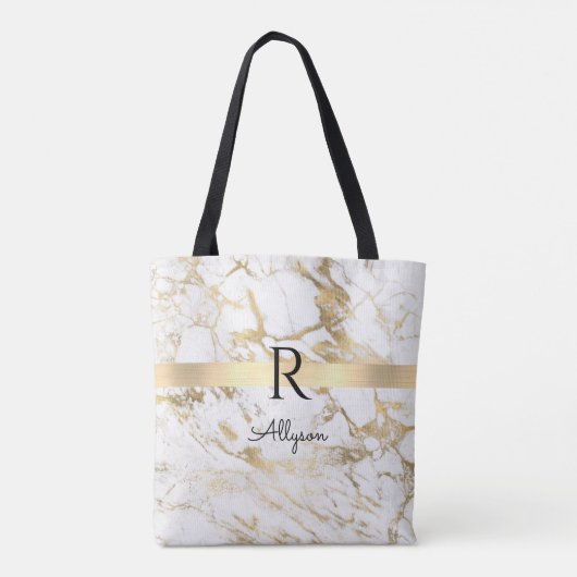 Naam en monogram, Gold Bar, witte & goudmarmer Tote Bag (Achterkant)
