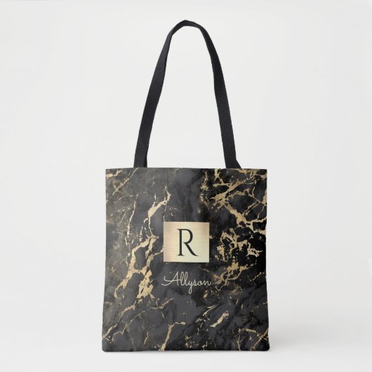 Naam en monogram, Gold Box, Black & Gold Marble Tote Bag (Voorkant)
