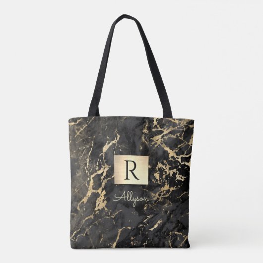 Naam en monogram, Gold Box, Black & Gold Marble Tote Bag (Achterkant)