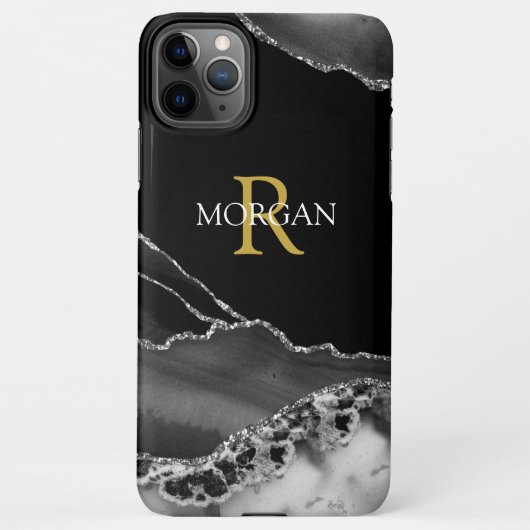 Naam en monogram, grijs zwart agaat, gouden witte  iPhone hoesje (Achterkant)