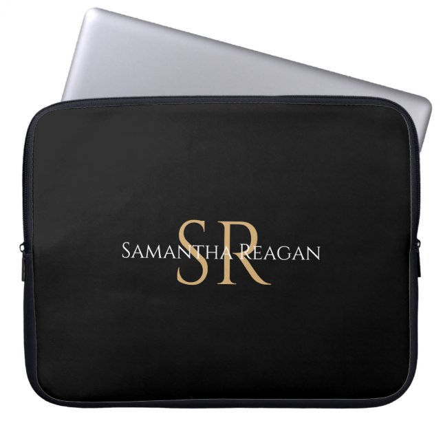 Naam en monogram personaliseren in gouden en witte laptop sleeve (Voorkant)