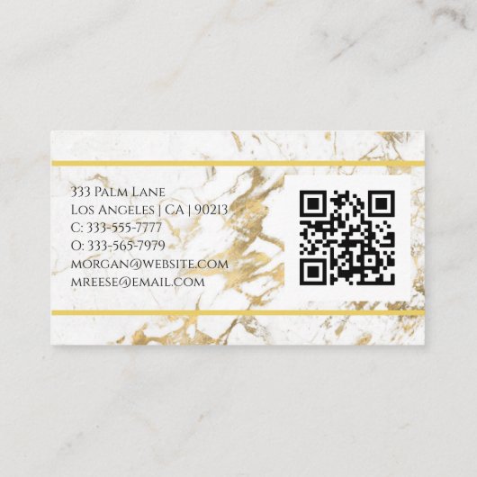 Naam en monogram, QR-code, White & Gold Marble Vs  Visitekaartje (Achterkant)