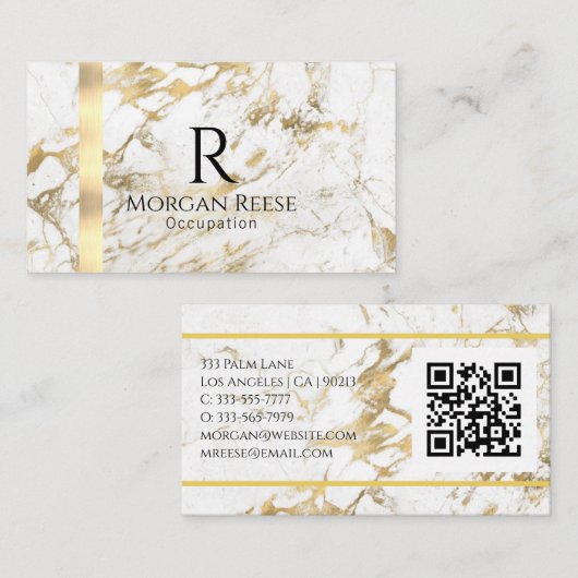 Naam en monogram, QR-code, White & Gold Marble Vs  Visitekaartje (Voorkant / Achterkant)