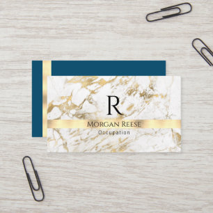 Naam en monogram, QR-code, White & Gold Marble Vs  Visitekaartje