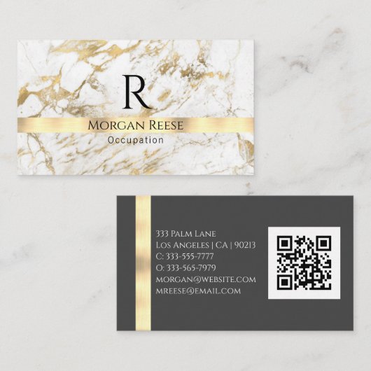 Naam en monogram, QR-code, White & Gold Marble Vs  Visitekaartje (Voorkant / Achterkant)