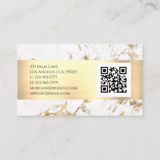 Naam en monogram, QR-code, White & Gold Marble Vs  Visitekaartje (Achterkant)