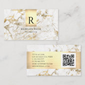 Naam en monogram, QR-code, White & Gold Marble Vs Visitekaartje (Voorkant / Achterkant)
