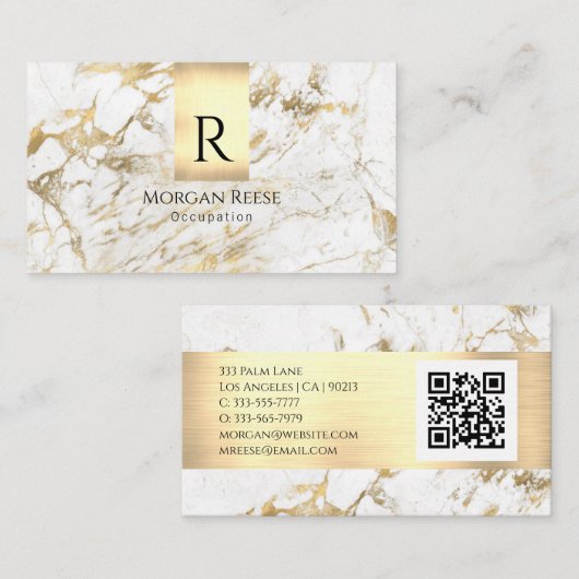 Naam en monogram, QR-code, White & Gold Marble Vs Visitekaartje (Voorkant / Achterkant)