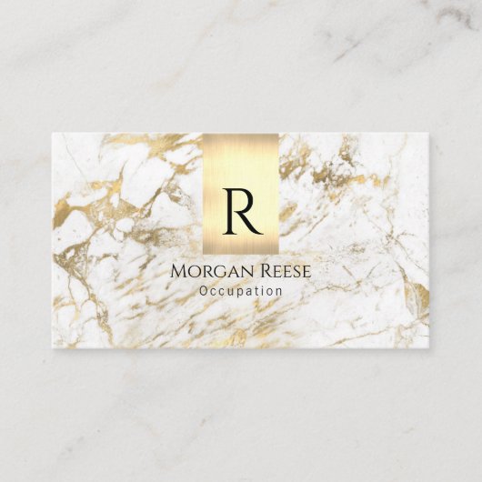 Naam en monogram, QR-code, White & Gold Marble Vs Visitekaartje (Voorkant)