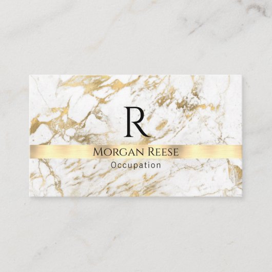 Naam en monogram, QR-code, White & Gold Marble Vs Visitekaartje (Voorkant)