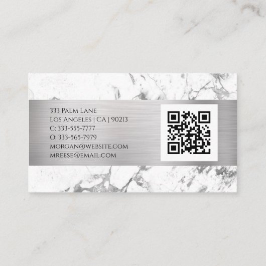 Naam en monogram, QR-code, witte en grijze marmer Visitekaartje (Achterkant)