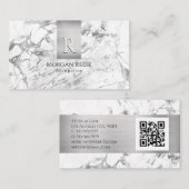 Naam en monogram, QR-code, witte en grijze marmer Visitekaartje (Voorkant / Achterkant)