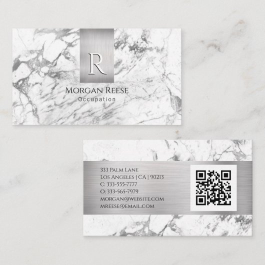 Naam en monogram, QR-code, witte en grijze marmer Visitekaartje (Voorkant / Achterkant)