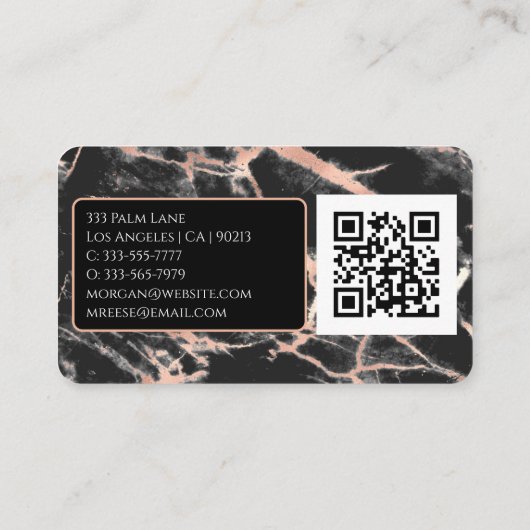 Naam en monogram, QR-code, zwart en Roos goudmarme Visitekaartje (Achterkant)