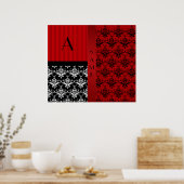 Naam en monogram rode dampstrepen poster (Keuken)