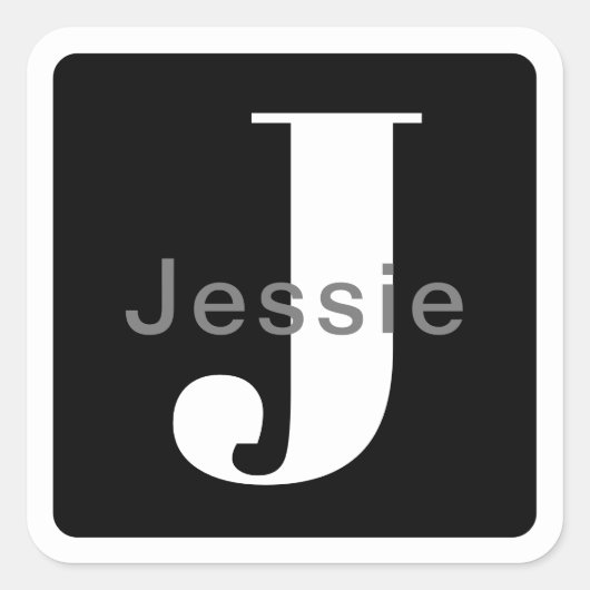 Naam en monogram | Rond zwart wit en grijs Vierkante Sticker (Voorkant)