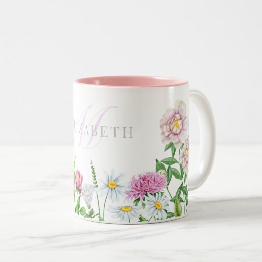 Naam en monogram tweetone waterverf bloemen Mok (Voorkant rechts)