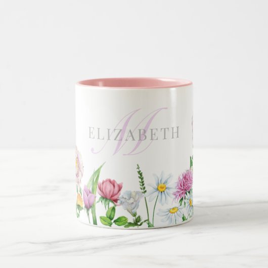 Naam en monogram tweetone waterverf bloemen Mok (Center)