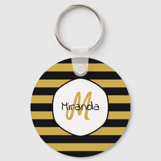 Naam en monogram van de Cute Black Yellow Bee Stri Sleutelhanger (Voorkant)
